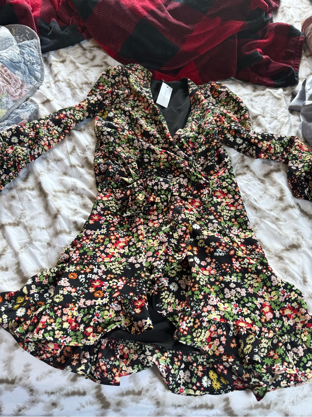 Sugarlips Black Floral Wrap Mini Dress with Multicolor Blooms - Picture 1 of 2